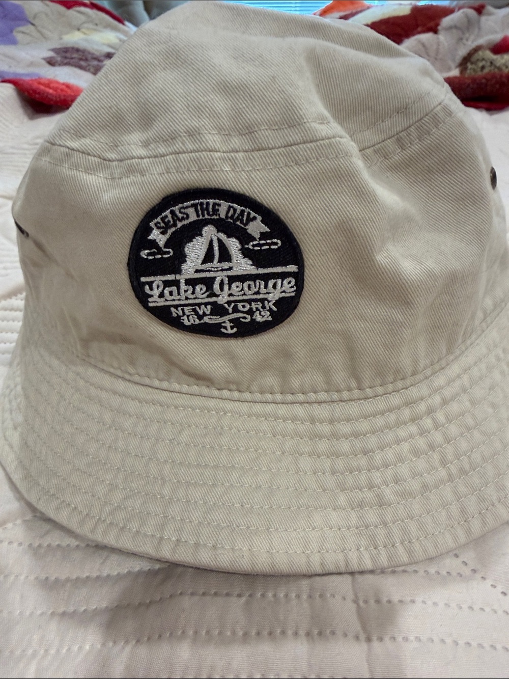 Lake George Cream Bucket Hat with Navy Patch
